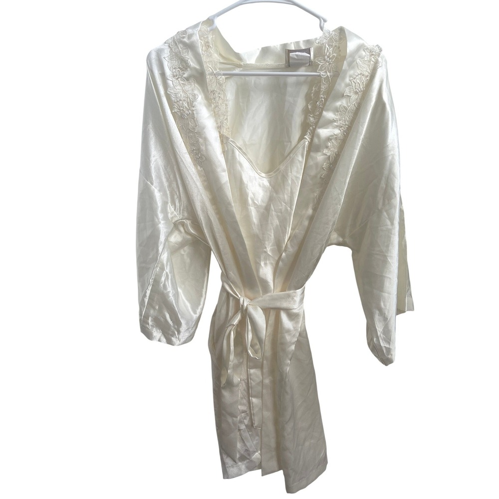 Vintage 90s Ivory Satin Bridal Peignoir Set Robe & Slip Floral Lace Pearl S